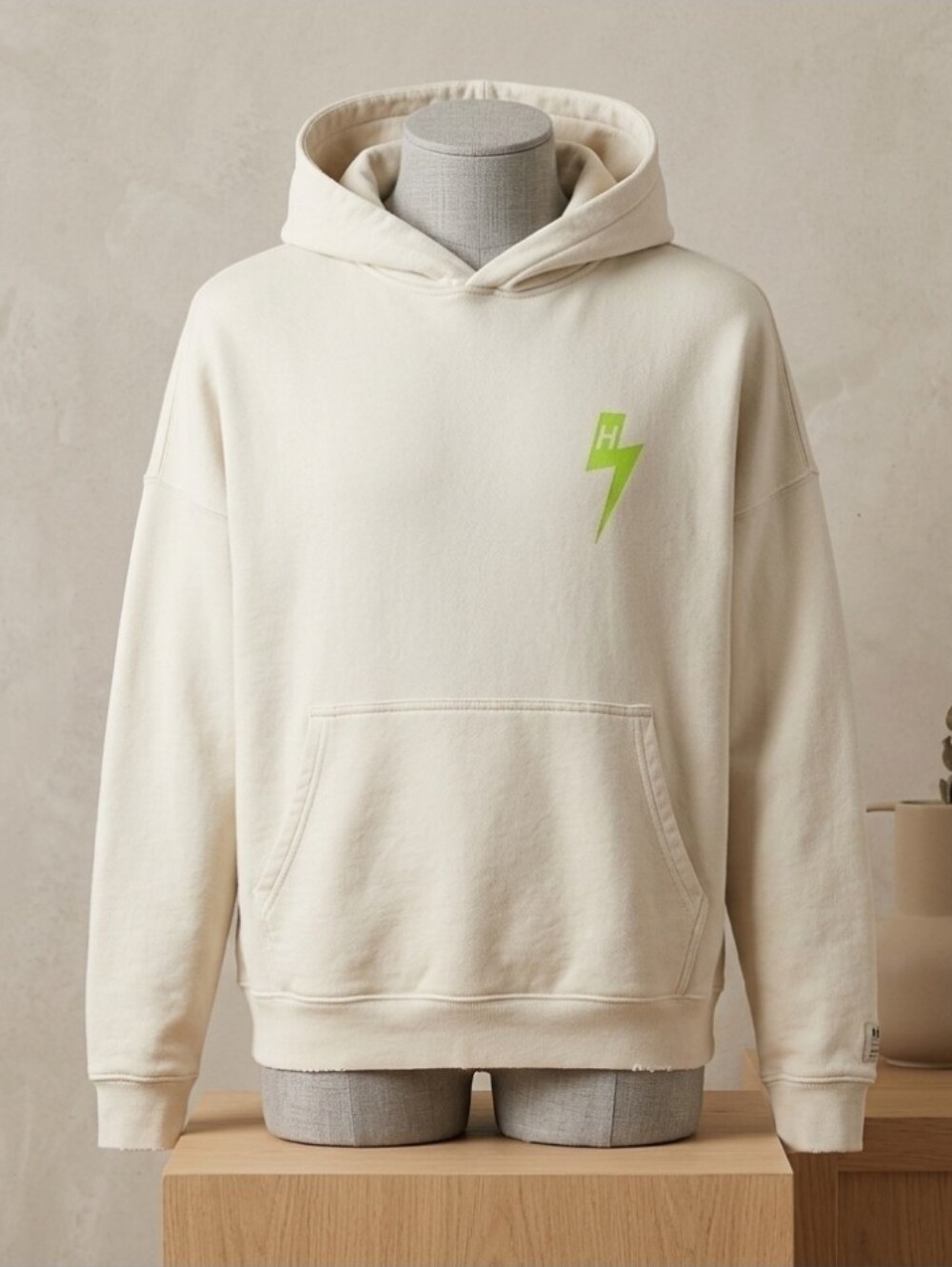 $255 NEW Hudson Men's Cream Pullover Hoodie Green Lightning Bolt Logo Size XXL